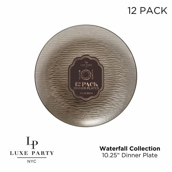Luxe Party Plastic Plates Transparent Waterfall Brown and Gold 10.25" Plastic Dinner Plates | 12 Plates