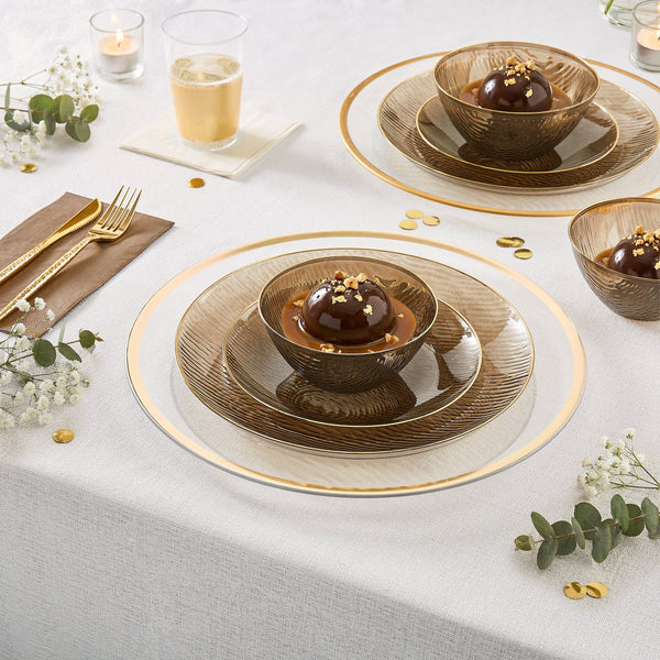 Luxe Party Plastic Plates Transparent Waterfall Brown and Gold 10.25" Plastic Dinner Plates | 12 Plates
