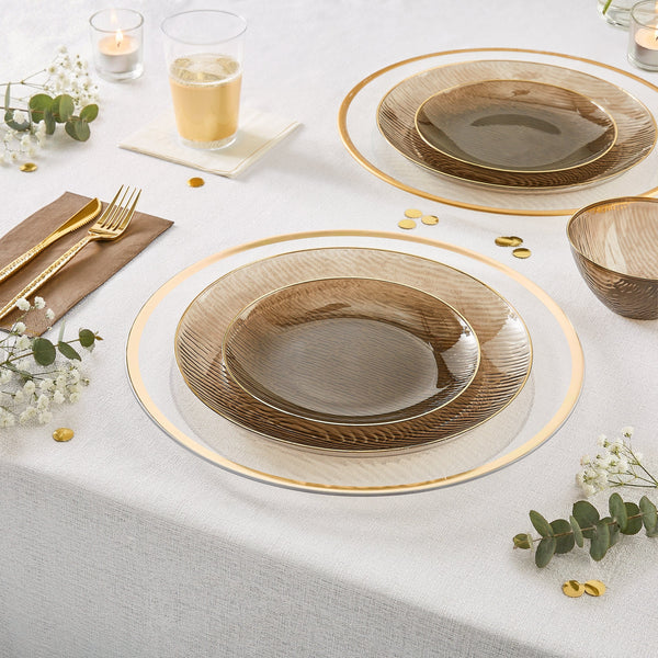 Luxe Party Plastic Plates Transparent Waterfall Brown and Gold 7.5" Plastic Plates | 24 Plates