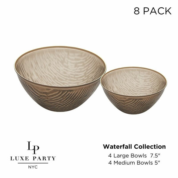 Luxe Party Plastic Plates Transparent Waterfall Brown and Gold Soup and Dessert Bowl Set  | 8 Bowls