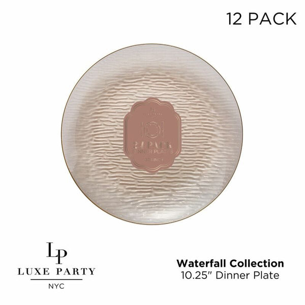 Luxe Party Plastic Plates Transparent Waterfall Peach and Gold 10.25" Plastic Plates | 12 Plates