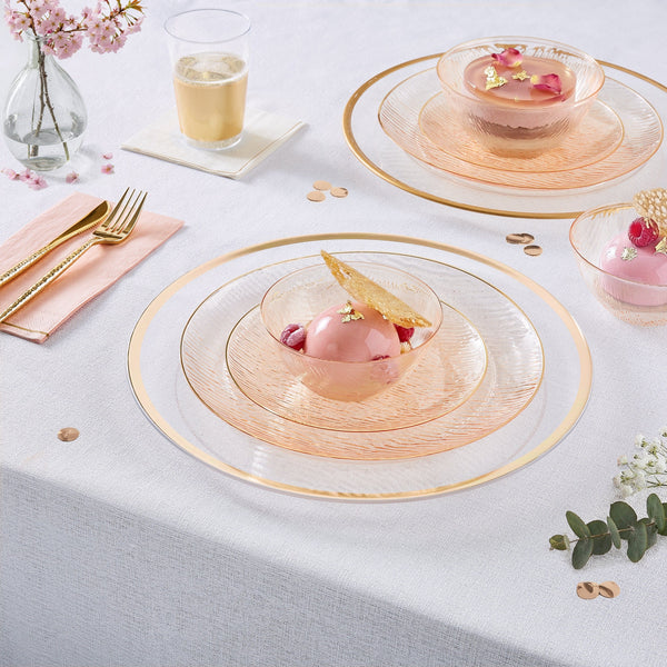 Luxe Party Plastic Plates Transparent Waterfall Peach and Gold 10.25" Plastic Plates | 12 Plates