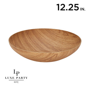 Luxe Party Serving Bowl Serving Bowl 12.25 Inch Round Plastic Reusable Oak Color Wood
