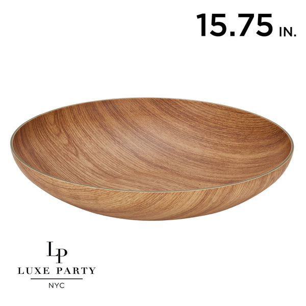 Luxe Party Serving Bowl Serving Bowl 15.75 Inch Round Plastic Reusable Oak Color Wood