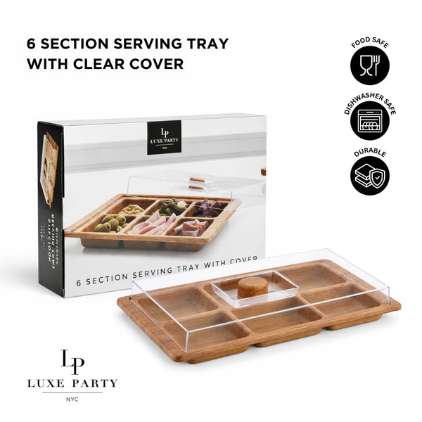 Luxe Party Serving Trays 6 Section Rectangular Divided Serving Tray with Clear Cover