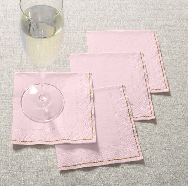 Luxe Party Solid Color Beverage Napkins 20 Beverage Napkins - 5" x 5" Blush Pink with Gold Stripe Paper Cocktail Napkins | 20 Napkins