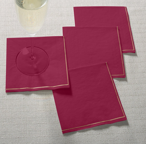 Luxe Party Solid Color Beverage Napkins 20 Beverage Napkins - 5" x 5" Cranberry Red with Gold Stripe Paper Cocktail Napkins | 20 Napkins