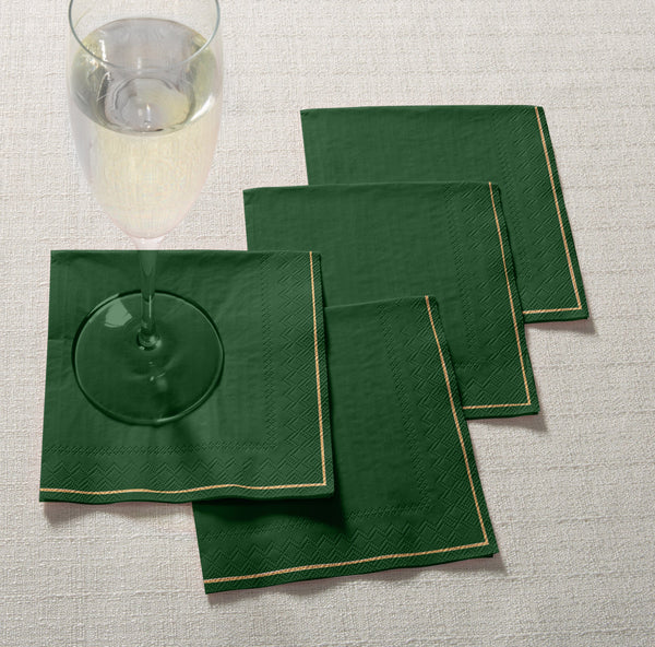 Luxe Party Solid Color Beverage Napkins 20 Beverage Napkins - 5" x 5" Emerald Green with Gold Stripe Paper Cocktail Napkins | 20 Napkins