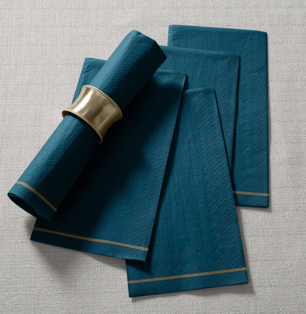 Luxe Party Solid Color Dinner Napkins 16 Dinner Napkins - 4.25" x 7.75" Teal Green with Gold Stripe Guest Paper Dinner Napkins | 16 Napkins
