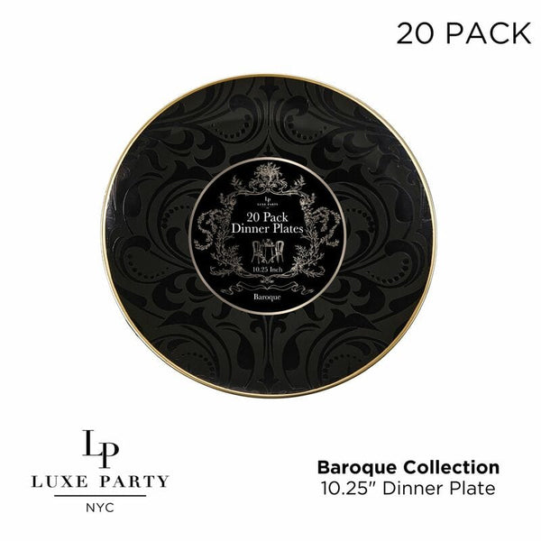 Round Accent Pattern Plastic Plates 10.25" Dinner Plates Round Black • Gold Baroque Pattern Plastic Plates | 20 Pack