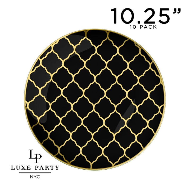 Round Accent Pattern Plastic Plates 10.25" Dinner Plates Round Black • Gold Lattice Pattern Plastic Plates | 10 Pack