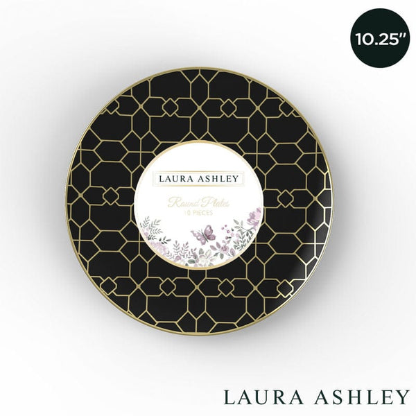 Round Accent Pattern Plastic Plates 10.25" Dinner Plates Round Black • Gold Pattern Plastic Plates | 10 Pack