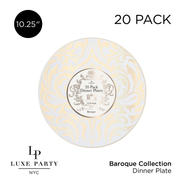 Round Accent Pattern Plastic Plates 10.25" Dinner Plates Round Clear • Gold Baroque Pattern Plastic Plates | 20 Pack