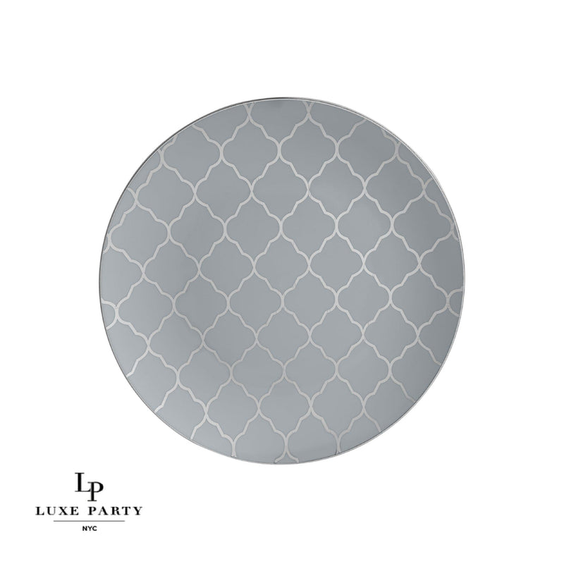 Round Accent Pattern Plastic Plates 10.25" Dinner Plates Round Grey • Silver Lattice Pattern Plastic Plates | 10 Pack