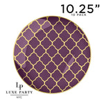 Round Accent Pattern Plastic Plates 10.25" Dinner Plates Round Purple • Gold Lattice Pattern Plastic Plates | 10 Pack