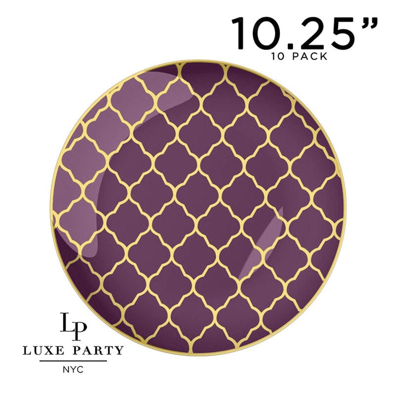 Round Accent Pattern Plastic Plates 10.25" Dinner Plates Round Purple • Gold Lattice Pattern Plastic Plates | 10 Pack