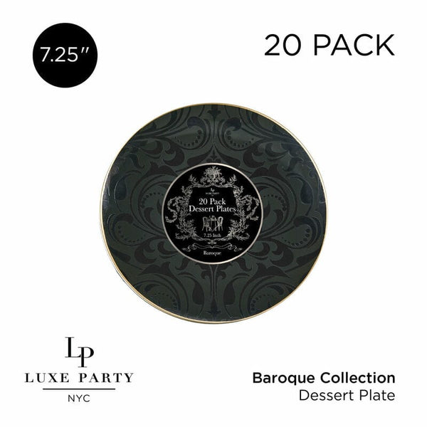 Round Accent Pattern Plastic Plates 7.25" Appetizer Plates Round Black • Gold Baroque Pattern Plastic Plates | 20 Pack