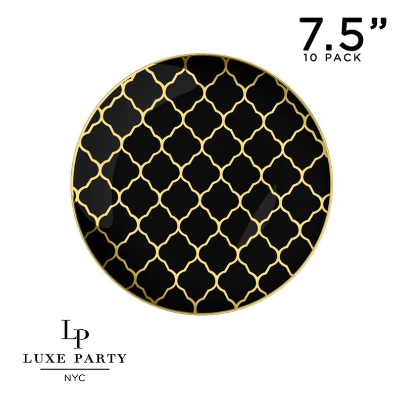 Round Accent Pattern Plastic Plates 7.25" Appetizer Plates Round Black • Gold Lattice Pattern Plastic Plates | 10 Pack