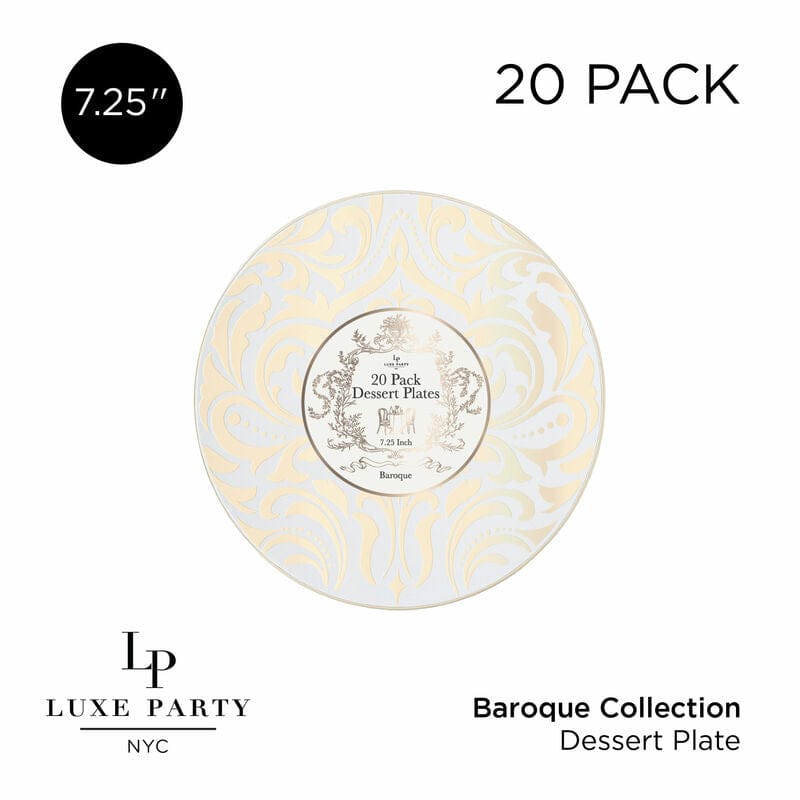 Round Accent Pattern Plastic Plates 7.25" Appetizer Plates Round Clear • Gold Baroque Pattern Plastic Plates | 20 Pack
