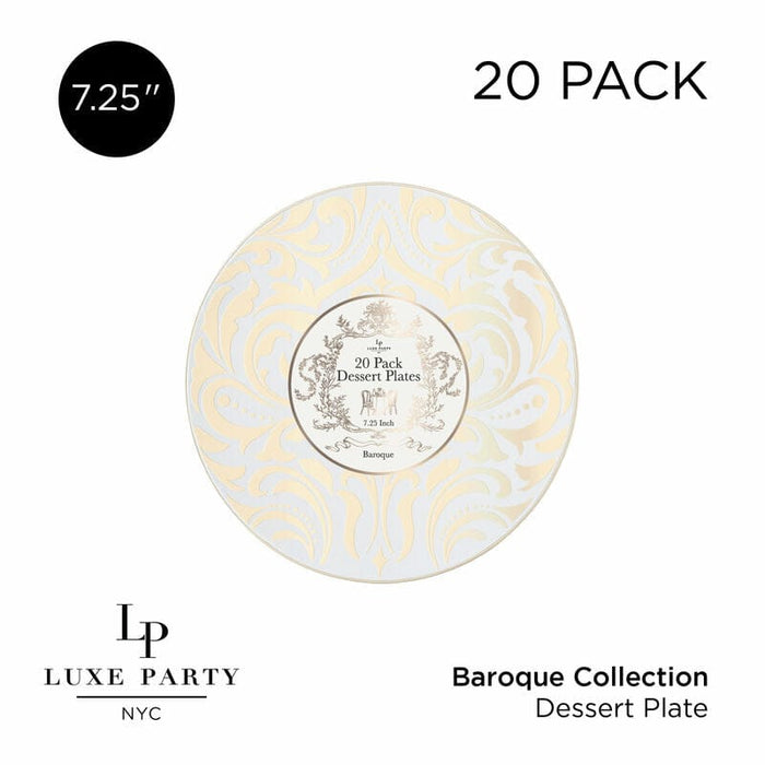 Round Accent Pattern Plastic Plates 7.25" Appetizer Plates Round Clear • Gold Baroque Pattern Plastic Plates | 20 Pack