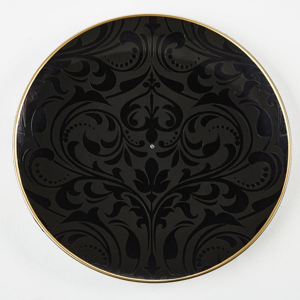 Round Accent Pattern Plastic Plates Round Black • Gold Baroque Pattern Plastic Plates | 20 Pack