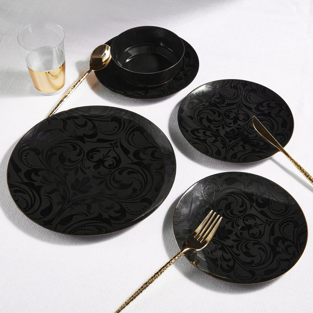 Round Accent Pattern Plastic Plates Round Black • Gold Baroque Pattern Plastic Plates | 20 Pack