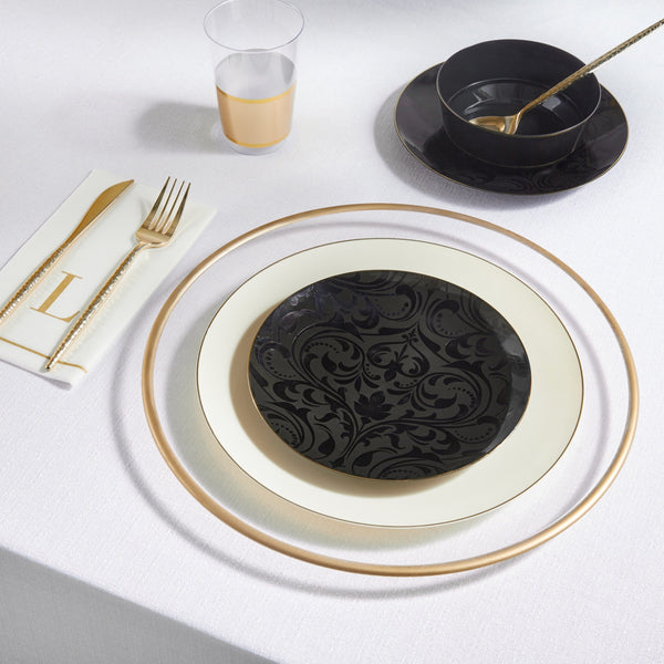 Round Accent Pattern Plastic Plates Round Black • Gold Baroque Pattern Plastic Plates | 20 Pack