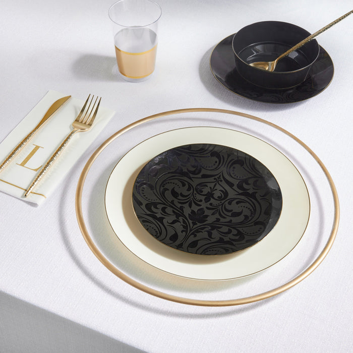 Round Accent Pattern Plastic Plates Round Black • Gold Baroque Pattern Plastic Plates | 20 Pack