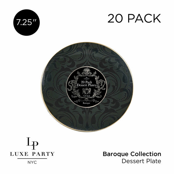 Round Accent Pattern Plastic Plates Round Black • Gold Baroque Pattern Plastic Plates | 20 Pack