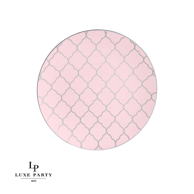 Round Accent Pattern Plastic Plates Round Blush • Silver Lattice Pattern Plastic Plates | 10 Pack
