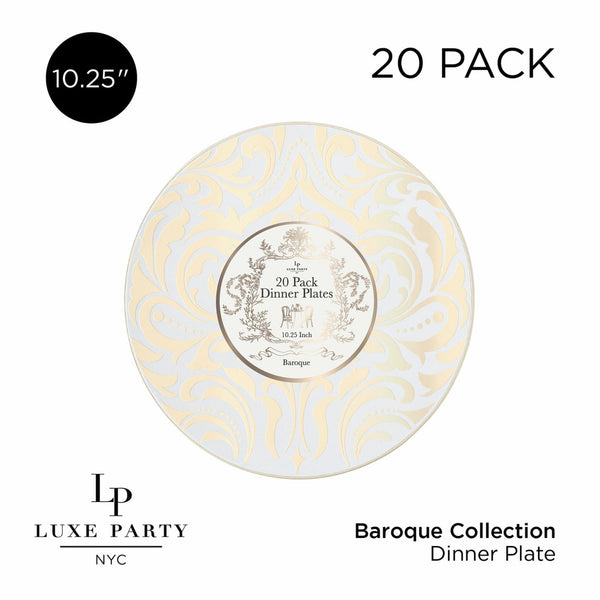 Round Accent Pattern Plastic Plates Round Clear • Gold Baroque Pattern Plastic Plates | 20 Pack