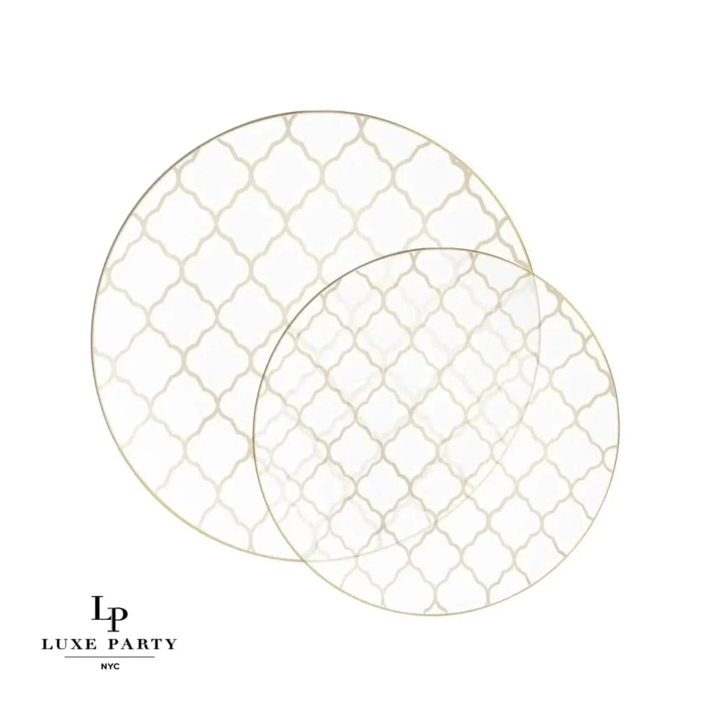 Round Accent Pattern Plastic Plates Round Clear • Gold Lattice Pattern Plastic Plates | 10 Pack
