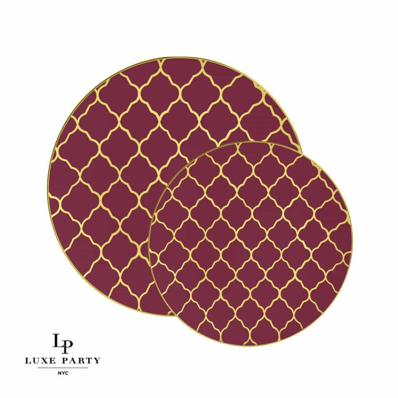 Round Accent Pattern Plastic Plates Round Cranberry • Gold Lattice Pattern Plastic Plates | 10 Pack