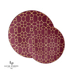 Round Accent Pattern Plastic Plates Round Cranberry • Gold Pattern Plastic Plates | 10 Pack