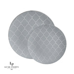 Round Accent Pattern Plastic Plates Round Grey • Silver Lattice Pattern Plastic Plates | 10 Pack