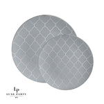 Round Accent Pattern Plastic Plates Round Grey • Silver Lattice Pattern Plastic Plates | 10 Pack