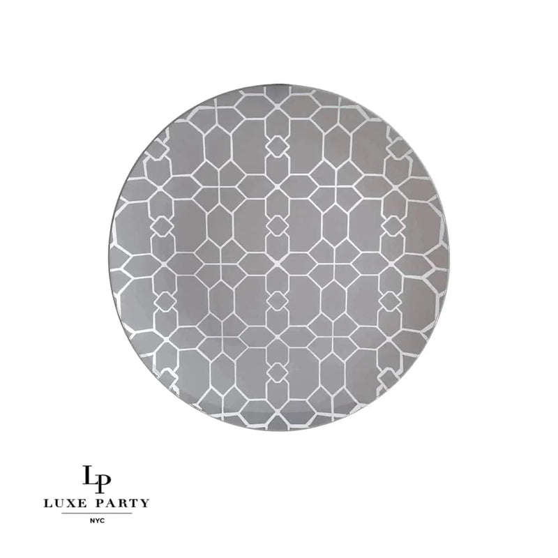 Round Accent Pattern Plastic Plates Round Grey • Silver Pattern Plastic Plates | 10 Pack