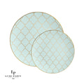 Round Mint Green and Gold Lattice Pattern Plastic Plates | 10 Pack