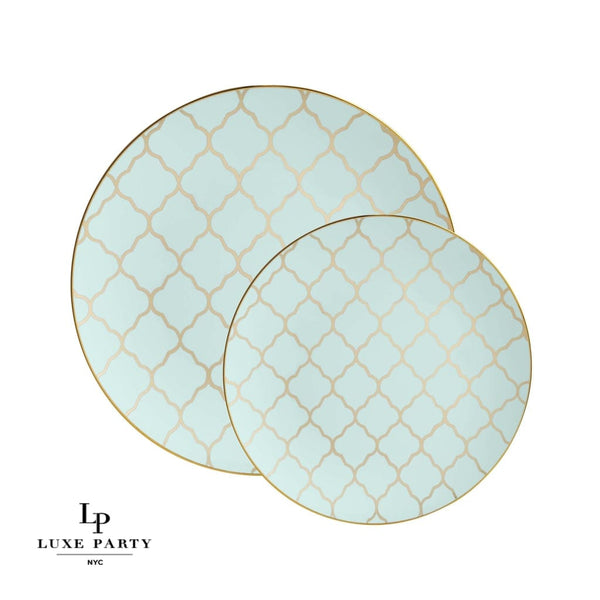 Round Accent Pattern Plastic Plates Round Mint • Gold Lattice Pattern Plastic Plates | 10 Pack