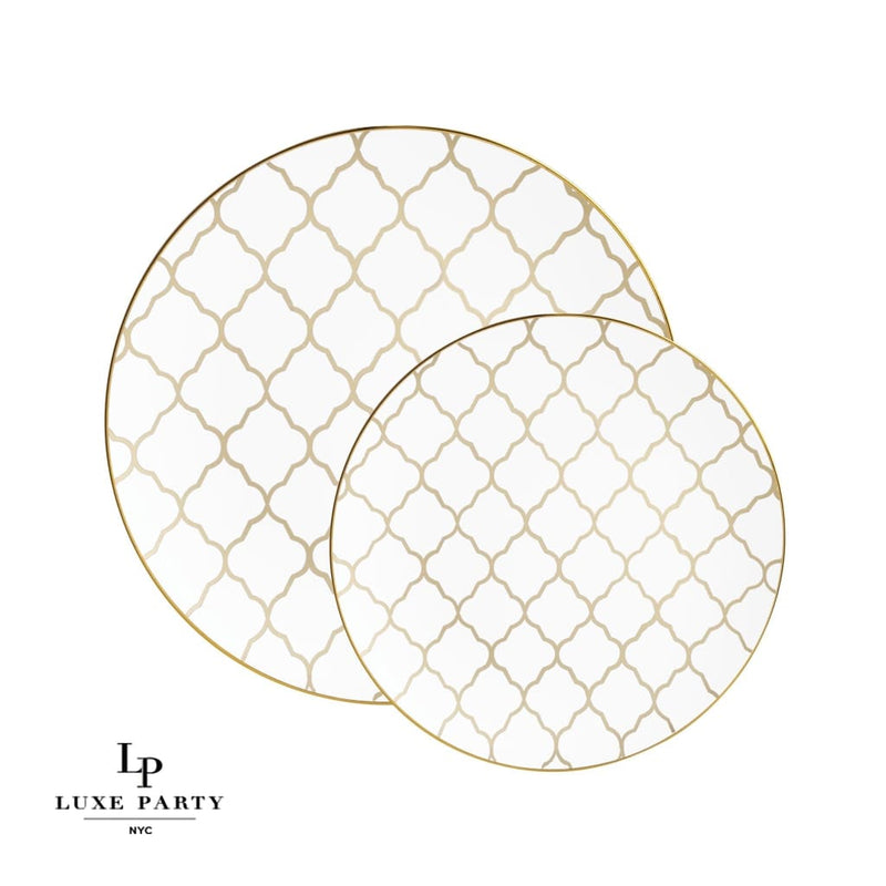 Round Accent Pattern Plastic Plates Round White • Gold Lattice Pattern Plastic Plates | 10 Pack