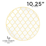 Round Accent Pattern Plastic Plates Round White • Gold Lattice Pattern Plastic Plates | 10 Pack