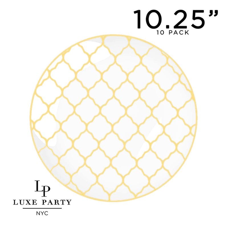 Round Accent Pattern Plastic Plates Round White • Gold Lattice Pattern Plastic Plates | 10 Pack