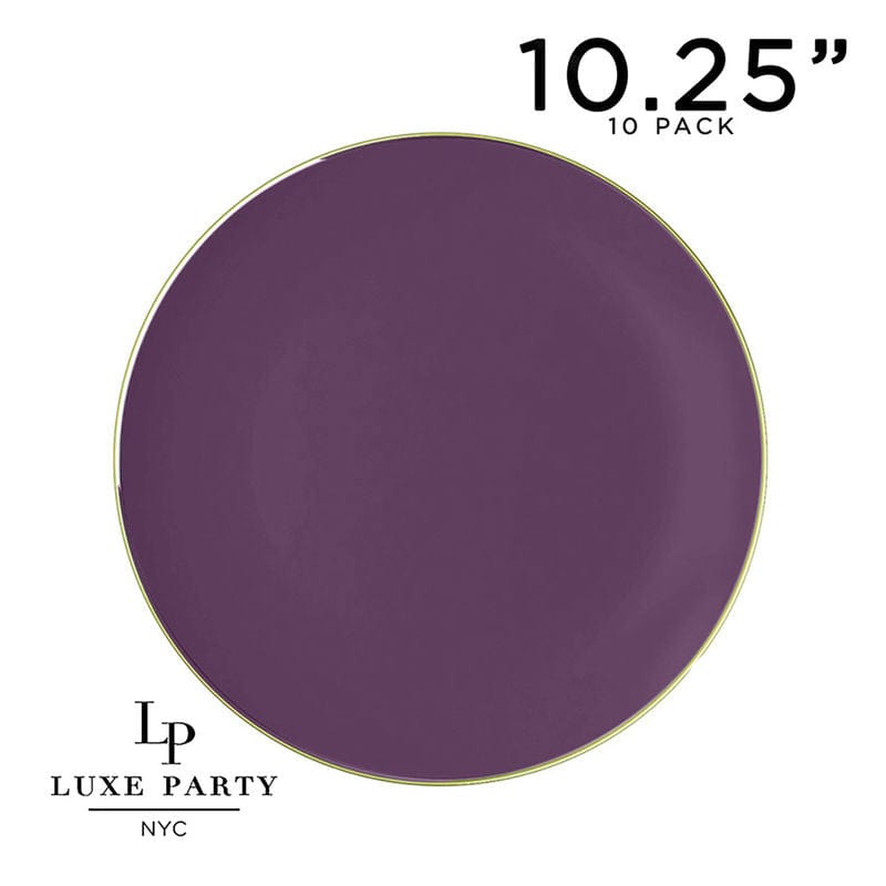 Round Accent Plastic Plates 10.25" Dinner Plates Round Purple • Gold Plastic Plates | 10 Pack