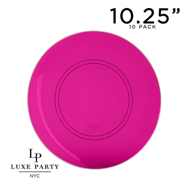 Round Accent Plastic Plates 10.25" Dinner Plates Round Transparent Hot Pink • Gold Plastic Plates | 10 Pack