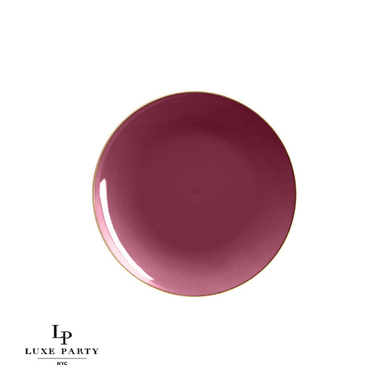 Round Accent Plastic Plates 7.25" Appetizer Plates Round Cranberry • Gold Plastic Plates | 10 Pack