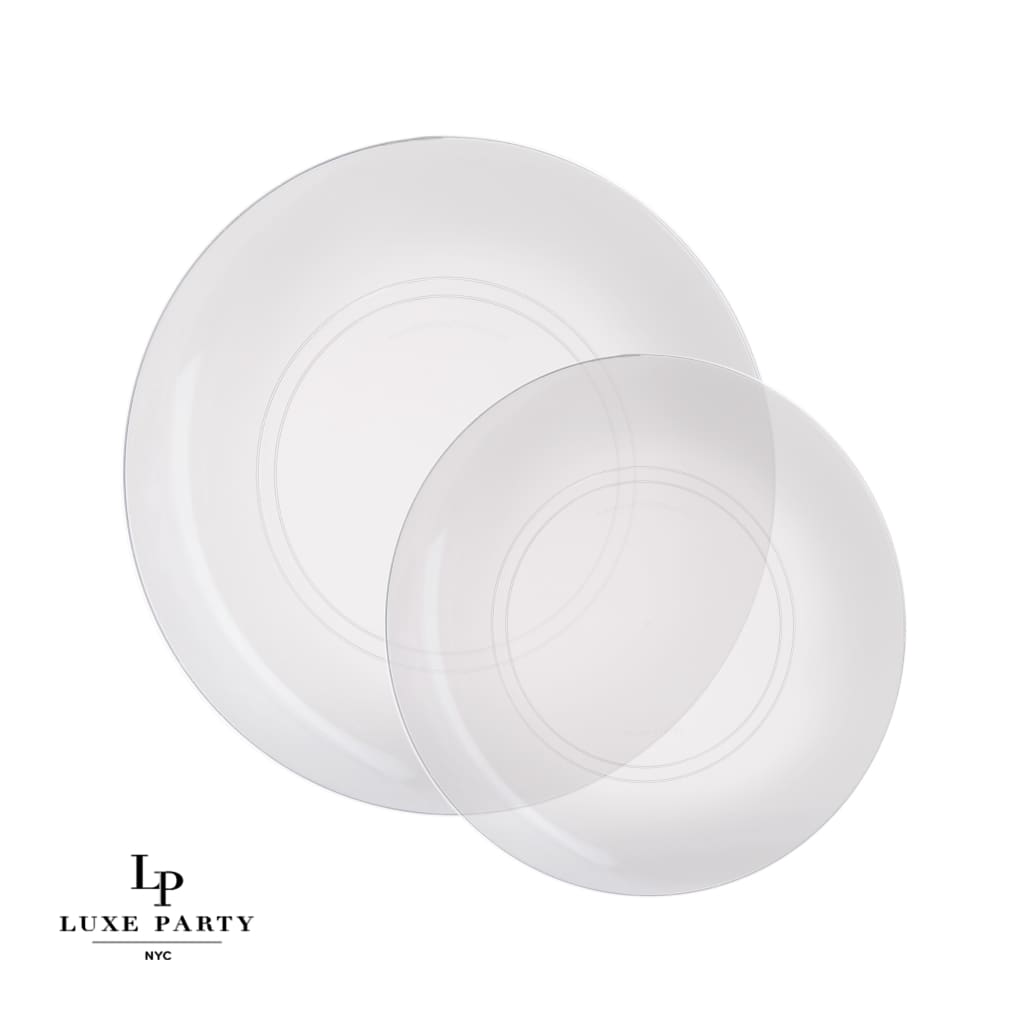 Round Clear and Silver Plastic Dinner and Salad Plates Luxe