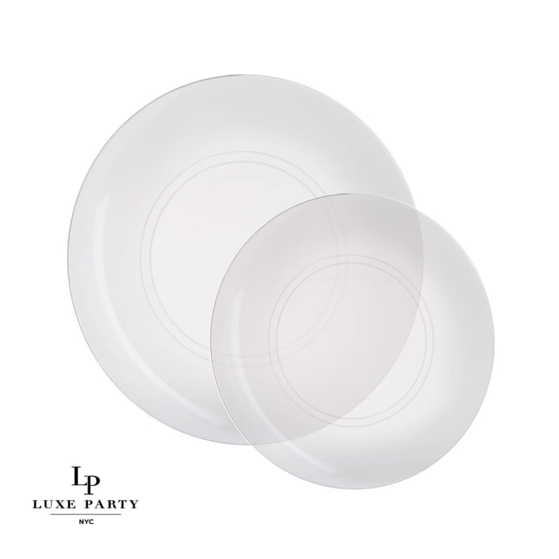 Round Accent Plastic Plates Clear • Silver Round Plastic Plates | 10 Pack