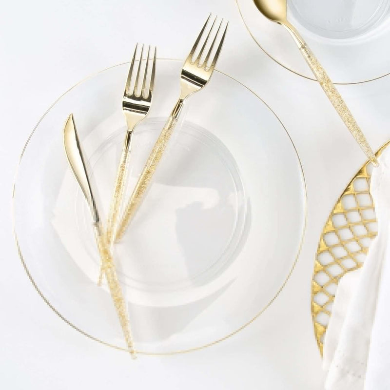 Round Accent Plastic Plates Round Clear • Gold Plastic Plates | 10 Pack