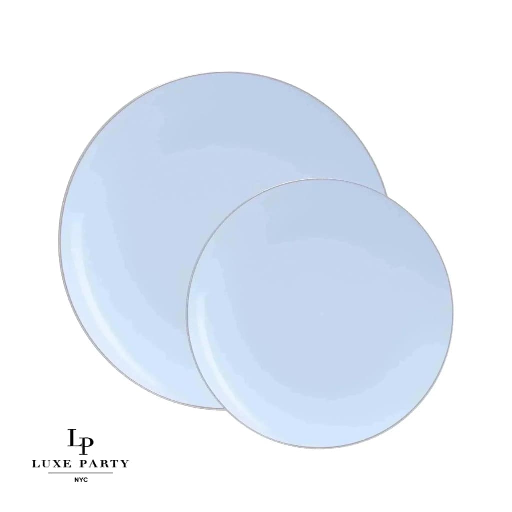 Round Accent Plastic Plates Round Ice Blue • Silver Plastic Plates | 10 Pack