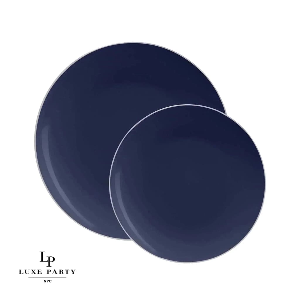 Round Navy Blue and Silver Plastic Dinner and Salad Plates Luxe